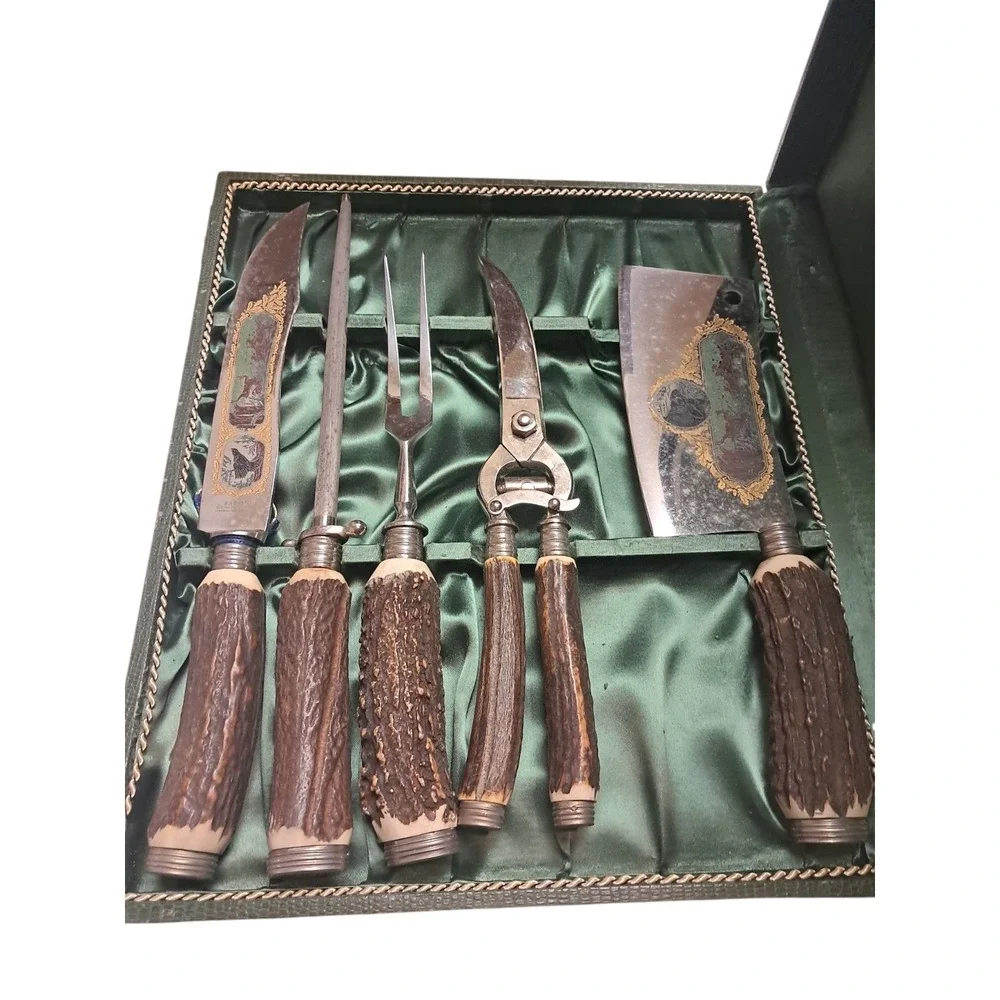 Baron Solingen Germany 5 Pc Carving Set Stag Horn Handles Engraved Blade Box Vtg